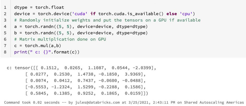 Pytorch示例代碼從磚Lakehouse平台展示兩個隨機生成的張量的矩陣乘法Beplay体育安卓版本