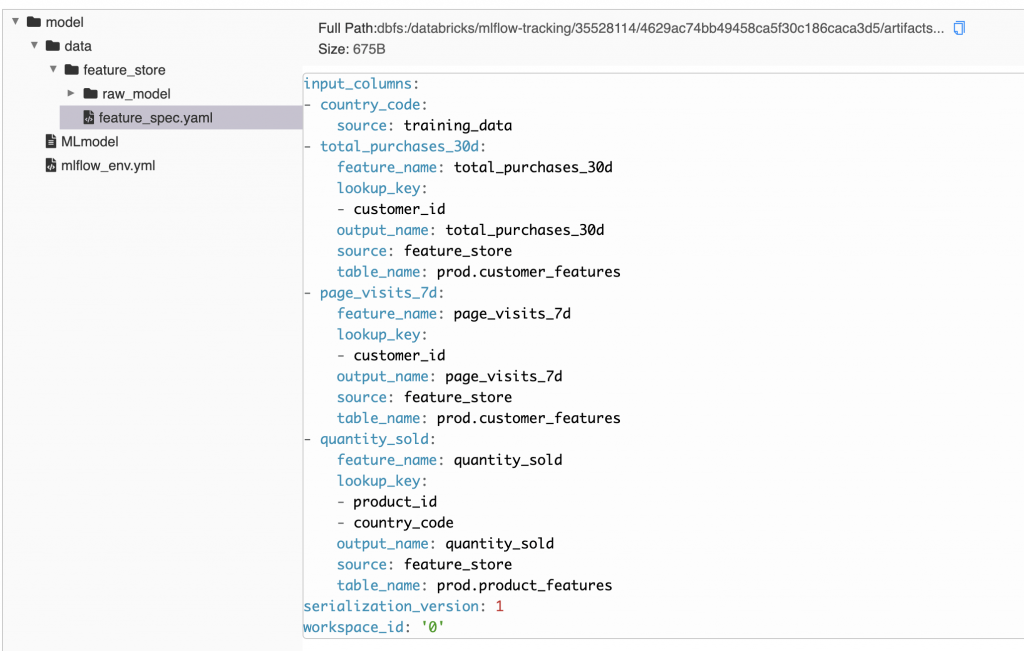 feature_spec。yaml包含功能存儲信息打包與MLflow模型工件